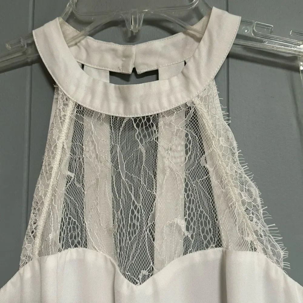 IMPRESSIONS White Layered Mini Dress with Lace and Straps Halter Neckline Size M